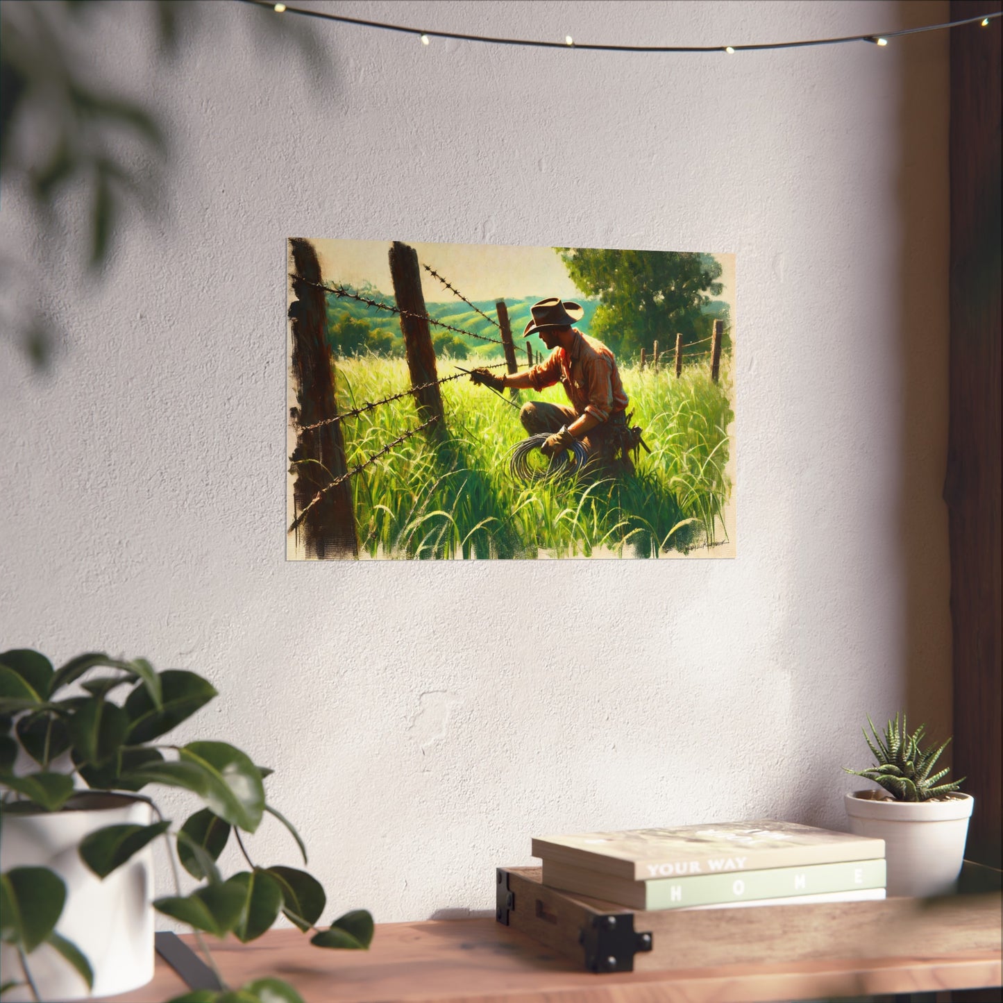 Poster of a cowboy working on a fence in a field hanging on a wall above a desk with plants.