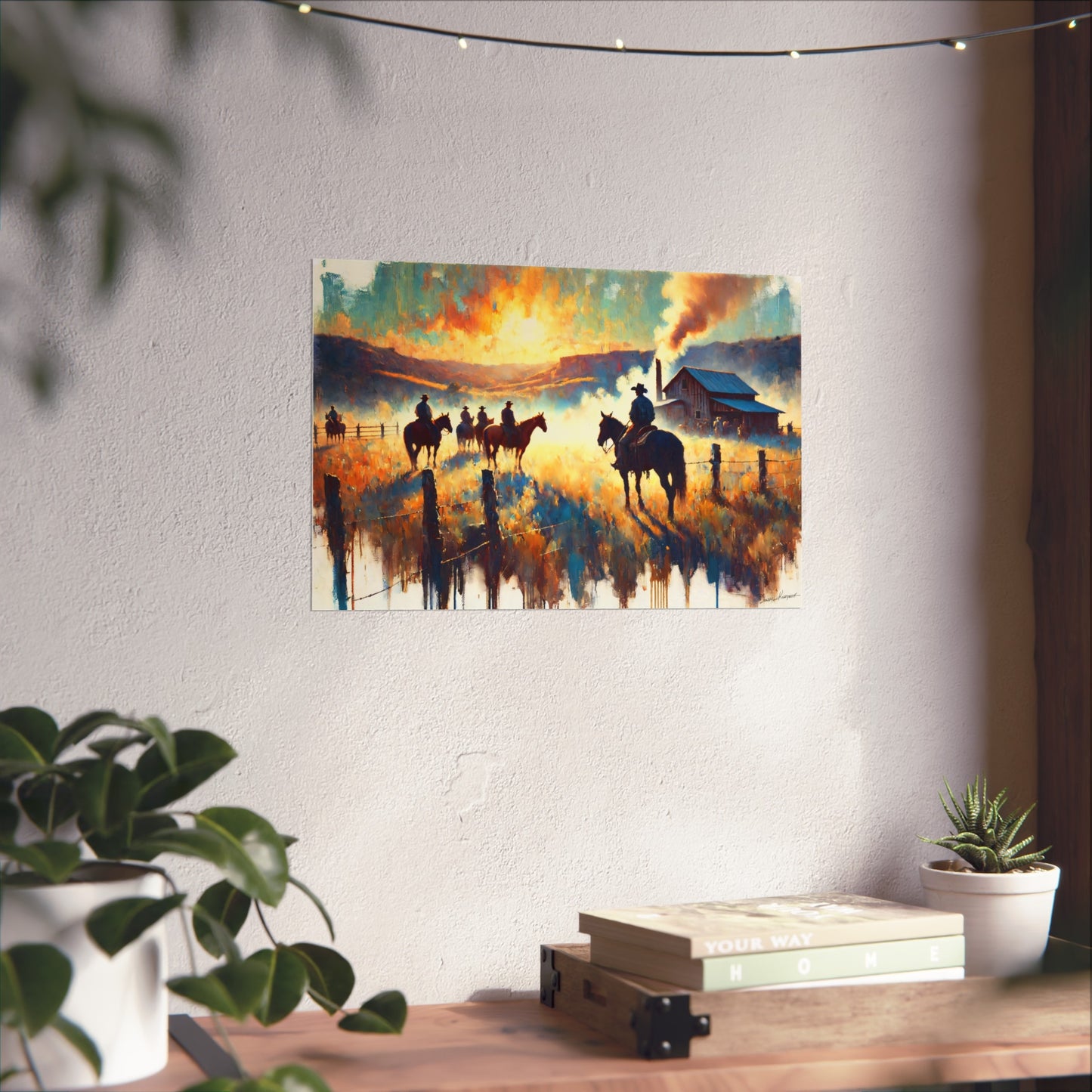 Painting of cowboys on horses against a colorful sky in a room with plants and books.
