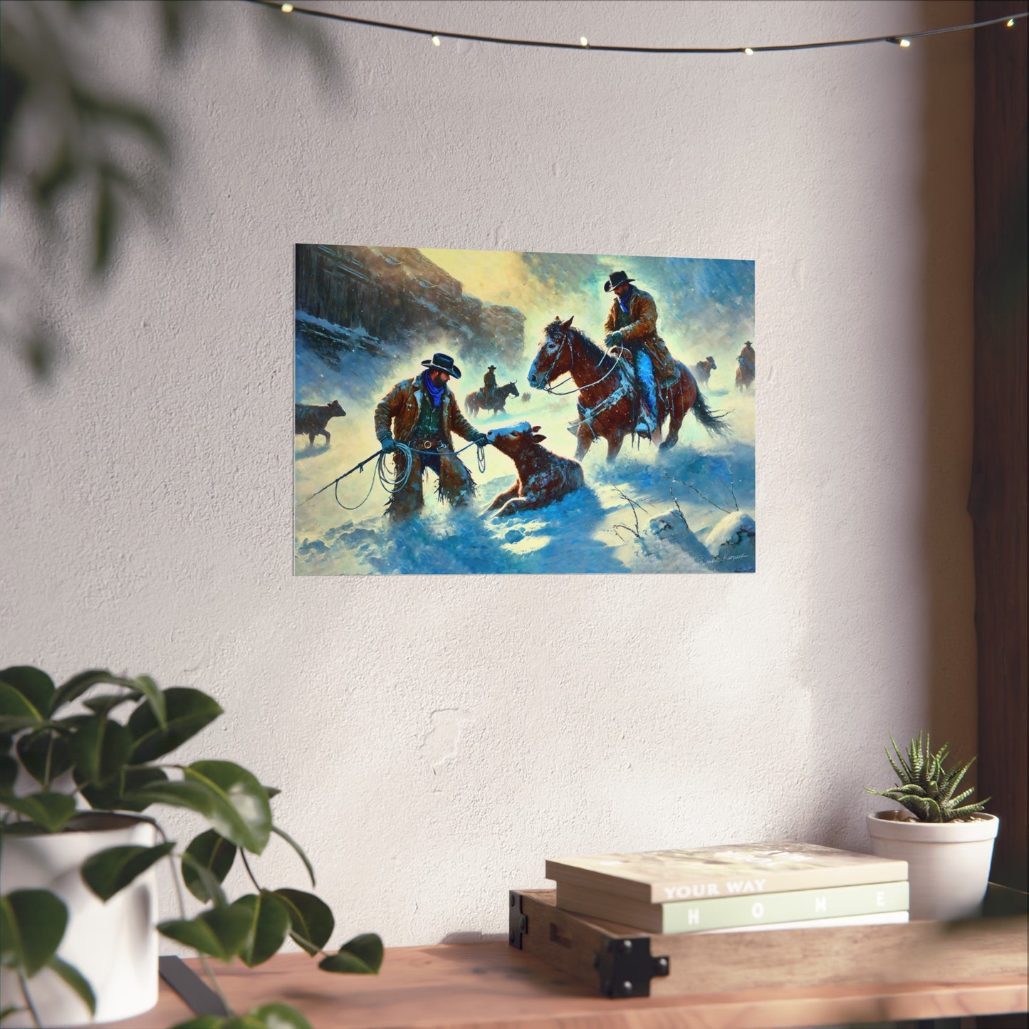 Painting of cowboys in a snowy landscape on a wall above a desk with plants.