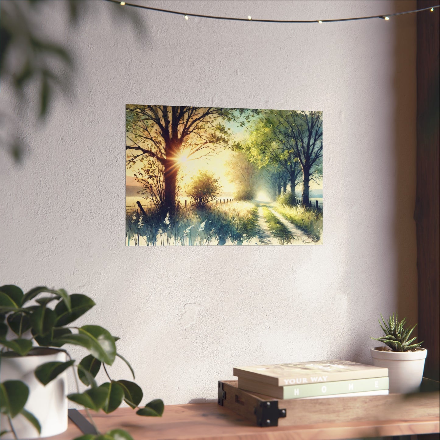 Scenic wall art of a sunlit forest path on a white wall with decorative elements.