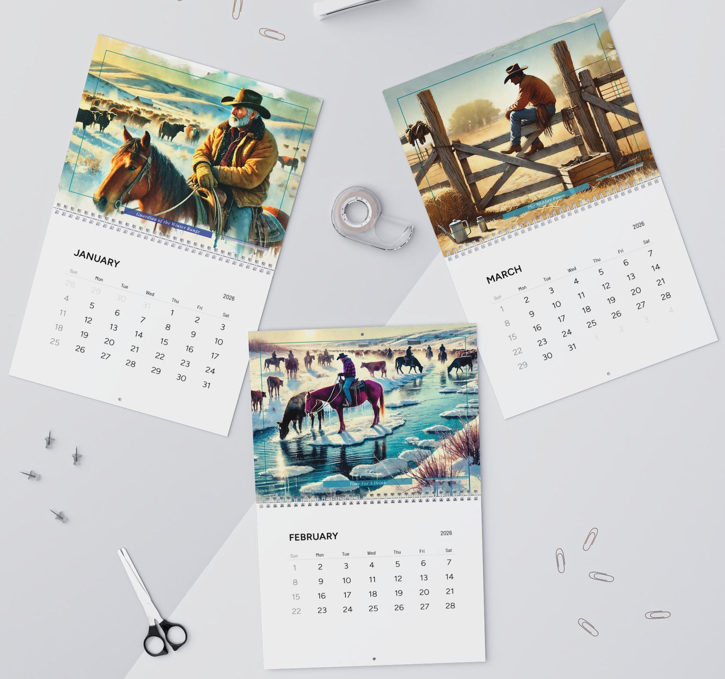 Calendar with cowboy-themed images on a light gray surface with office supplies.