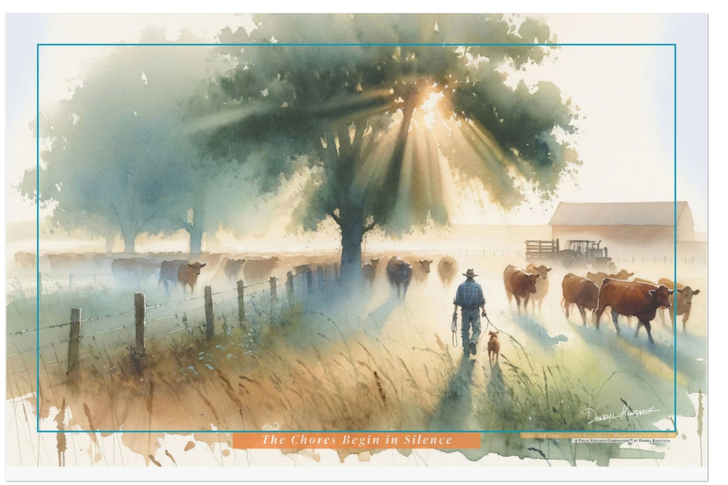 Painting of a pastoral scene with a man and dog walking among cows under a tree with sunlight filtering through.
