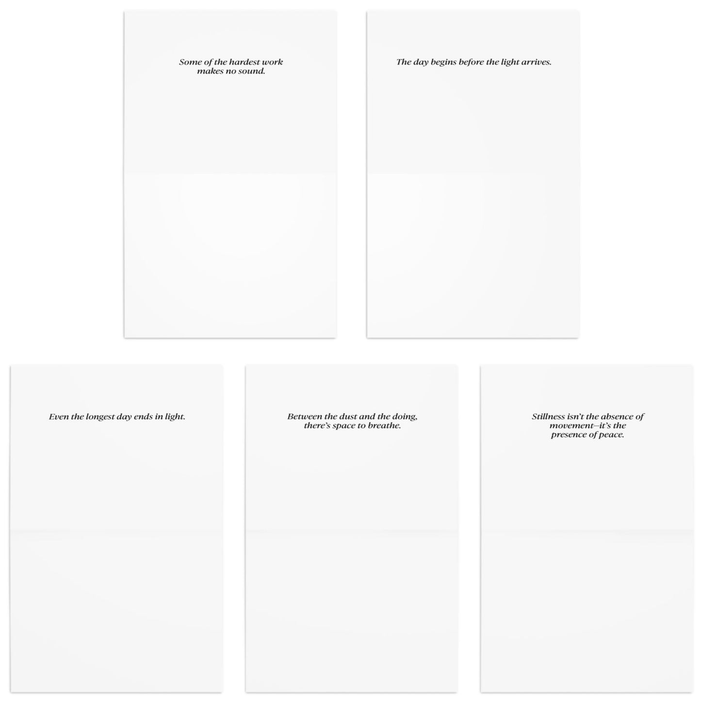 Set of white cards with black text on a white background