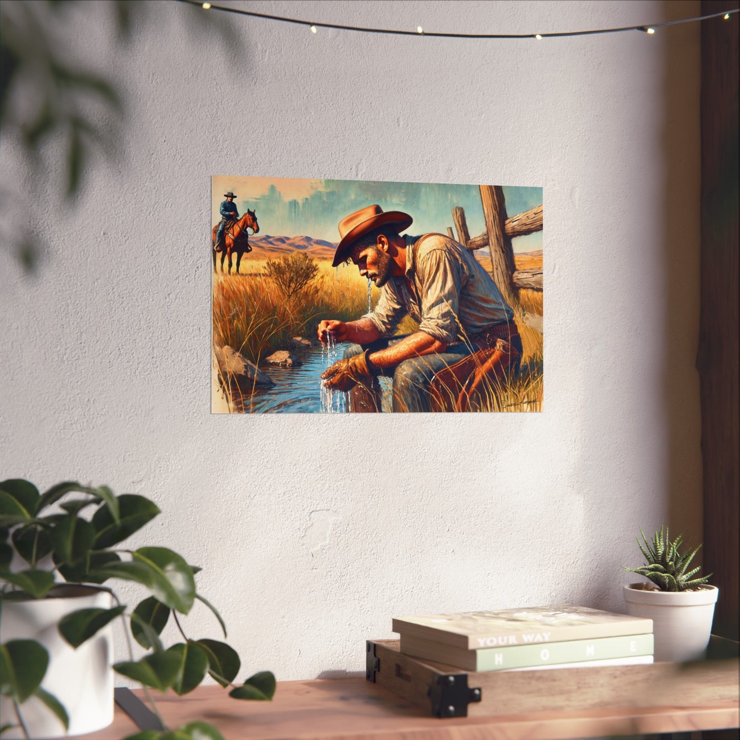 Painting of a cowboy by a stream on a wall above a desk with plants.