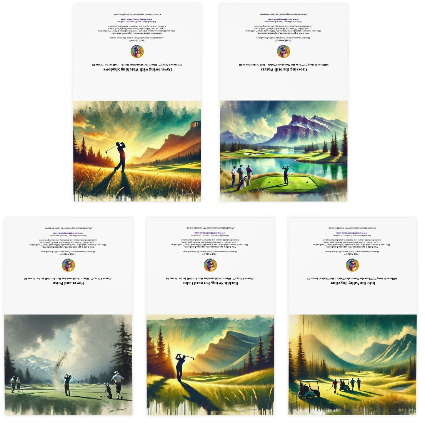 Set of golf-themed illustrations with scenic landscapes and golfers.