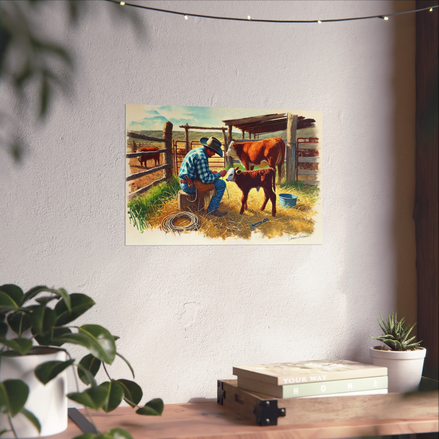 Framed artwork of a cowboy tending to a calf on a wall above a desk with plants.