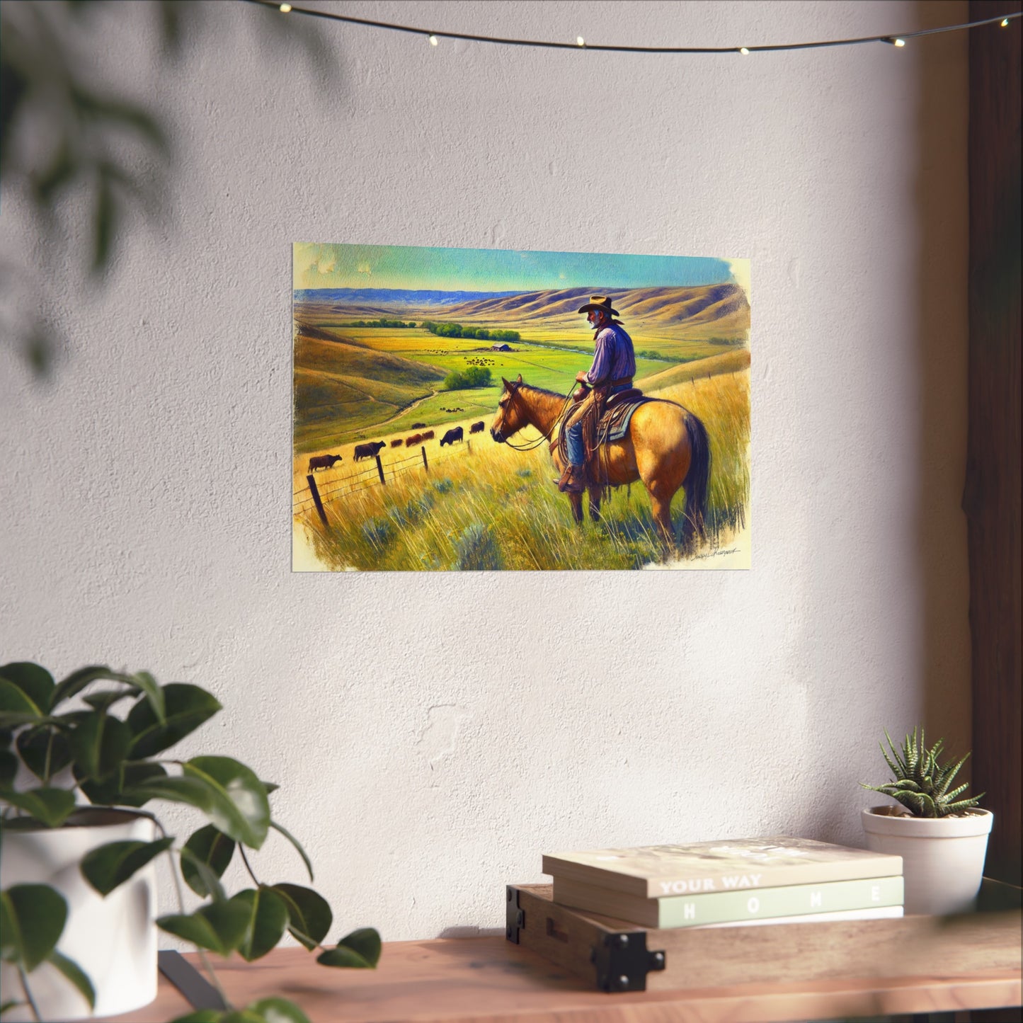Painting of a cowboy on a horse in a field with mountains, hanging on a wall above a desk.