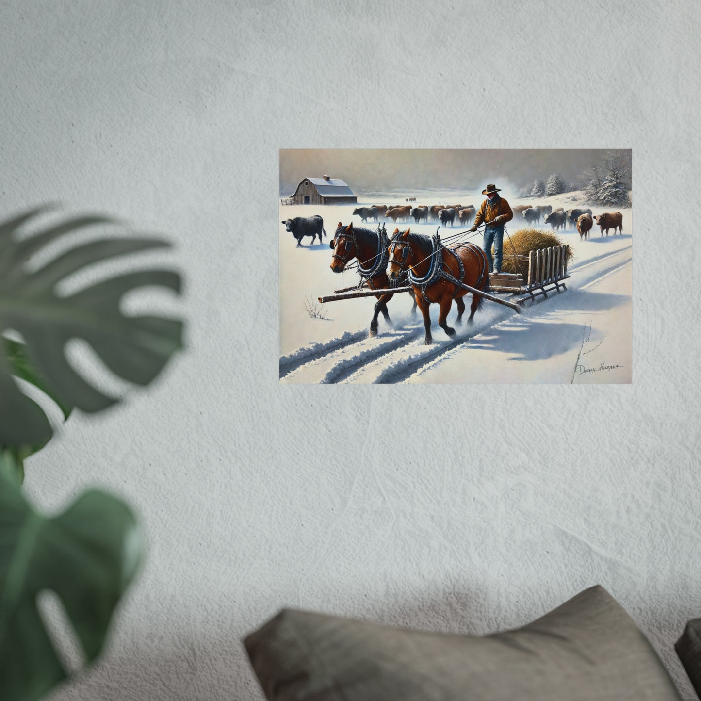 Framed painting of a winter scene with Cowboy, horses and a cart on a snowy landscape.