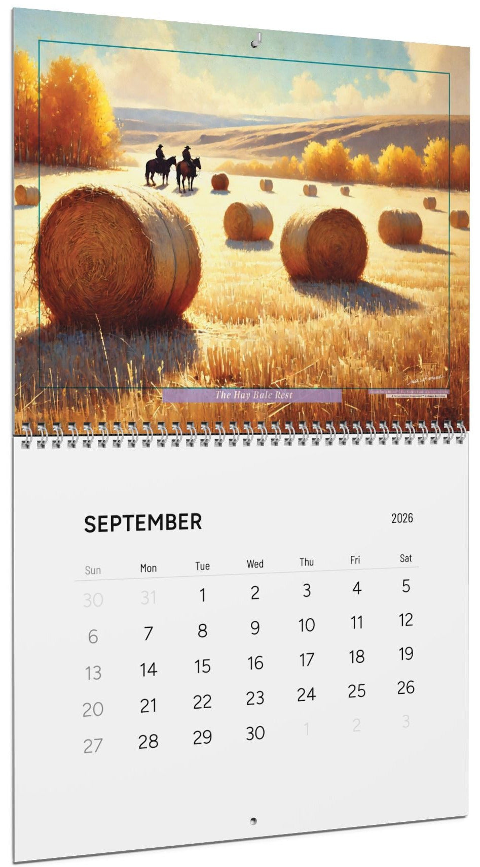 Calendar for September showing a scenic field with hay bales and horses.