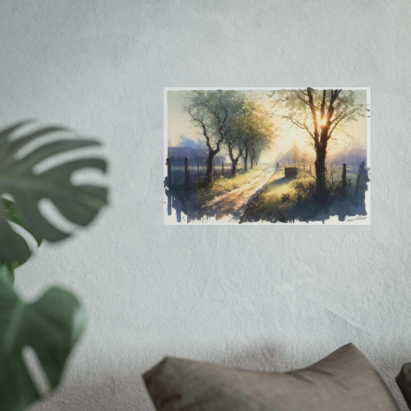 Fine art print of a scenic landscape with a path and trees on a wall.