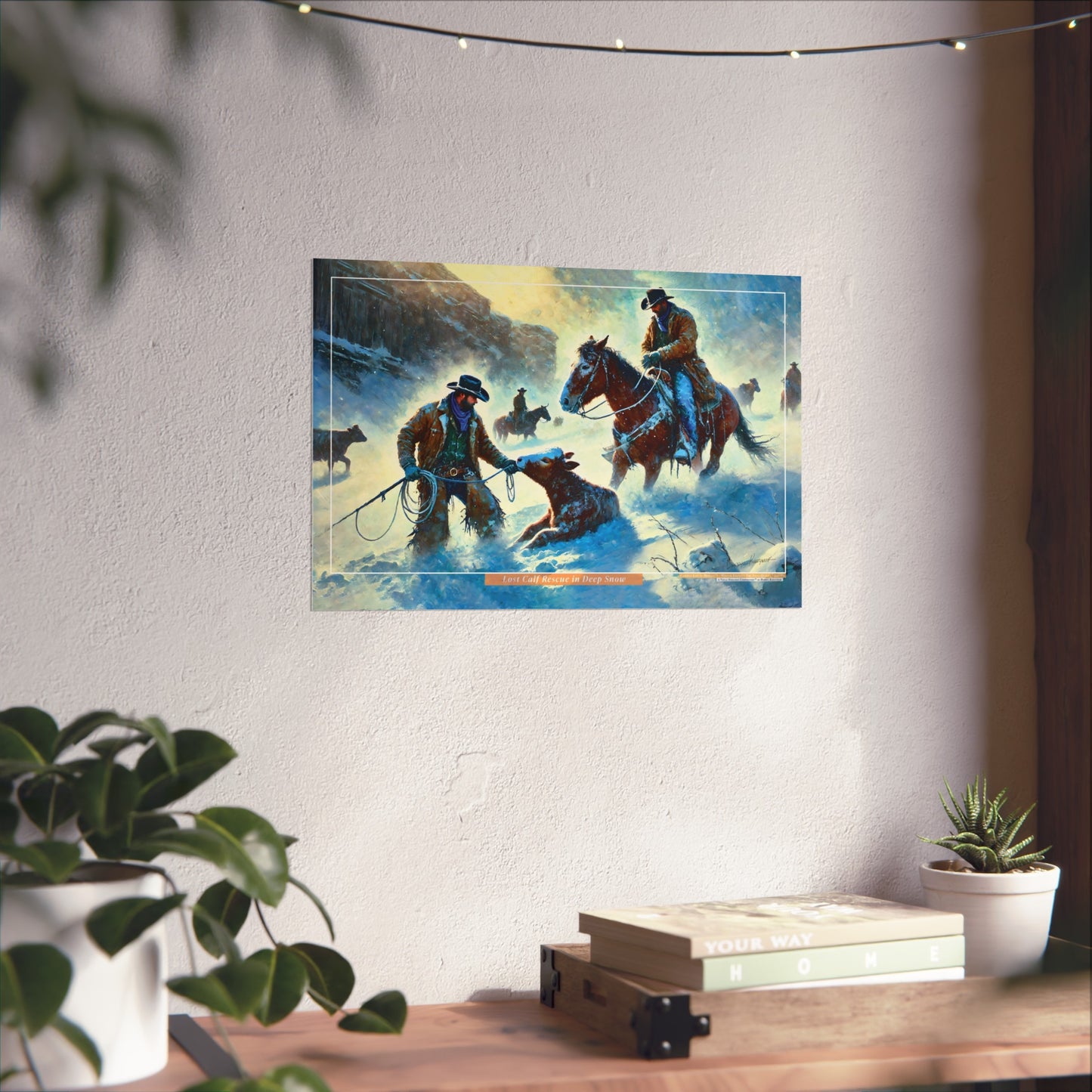Painting of cowboys and horses on a snowy landscape hanging on a wall.
