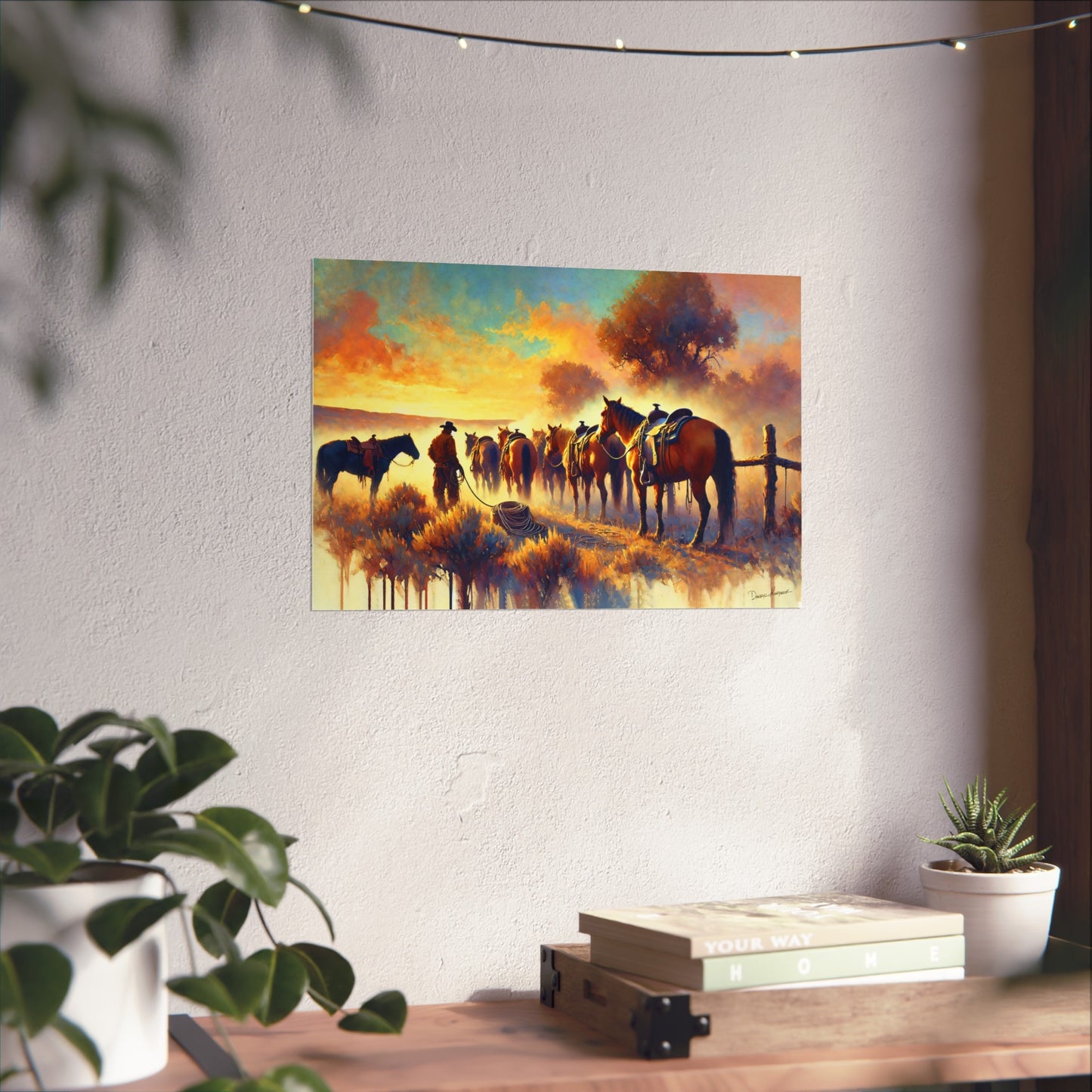 Painting of a group of horses and cowboy by a fence with a sunset sky, hanging on a wall above a desk.