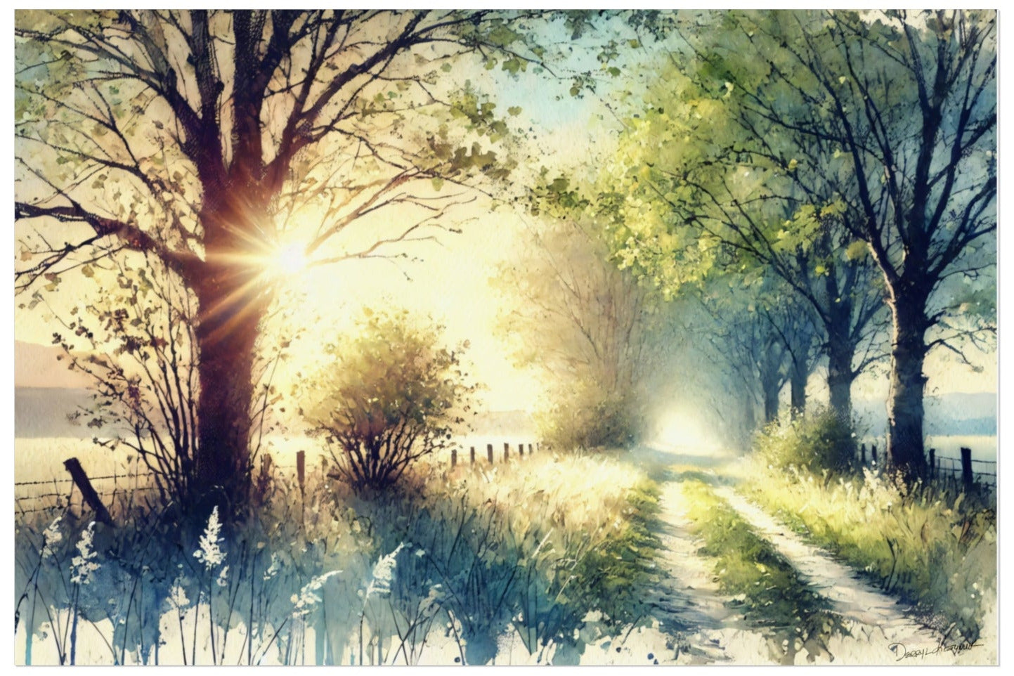 Sunlit path through trees with a serene landscape