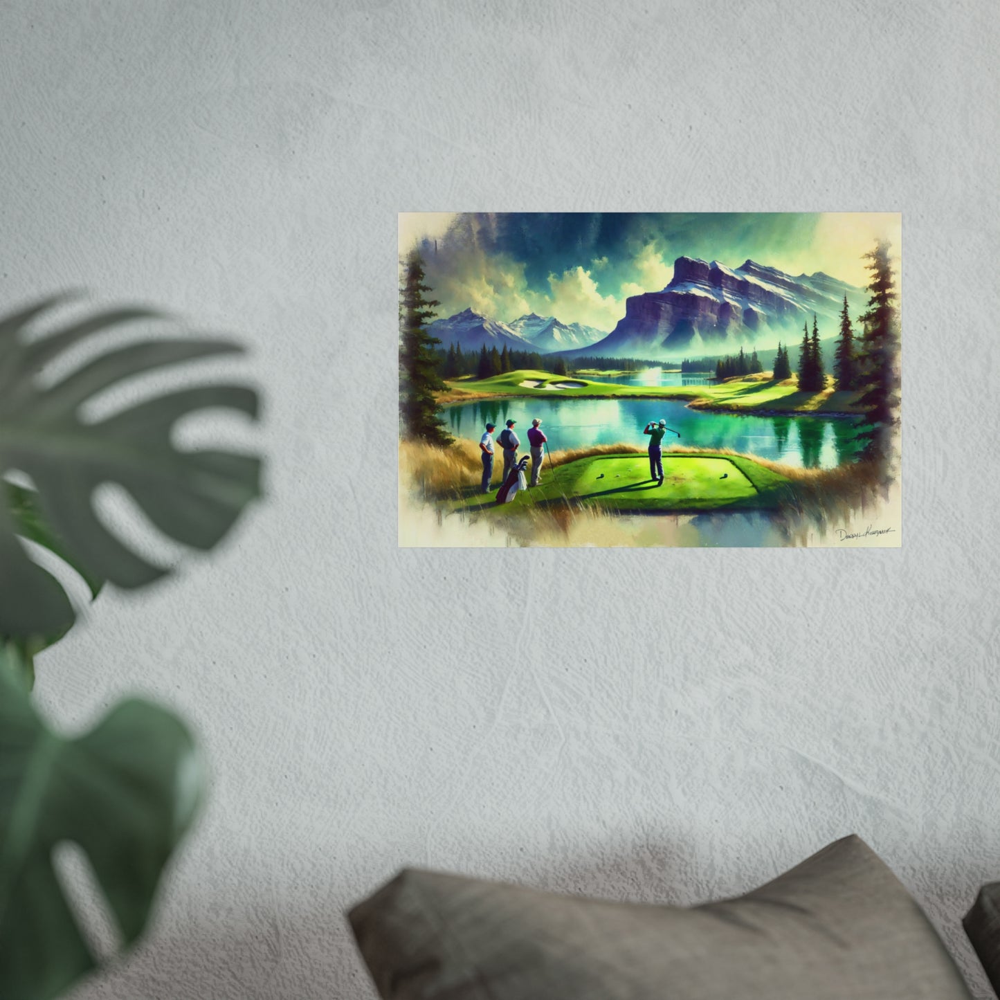 Painting of a golf course with mountains on a wall