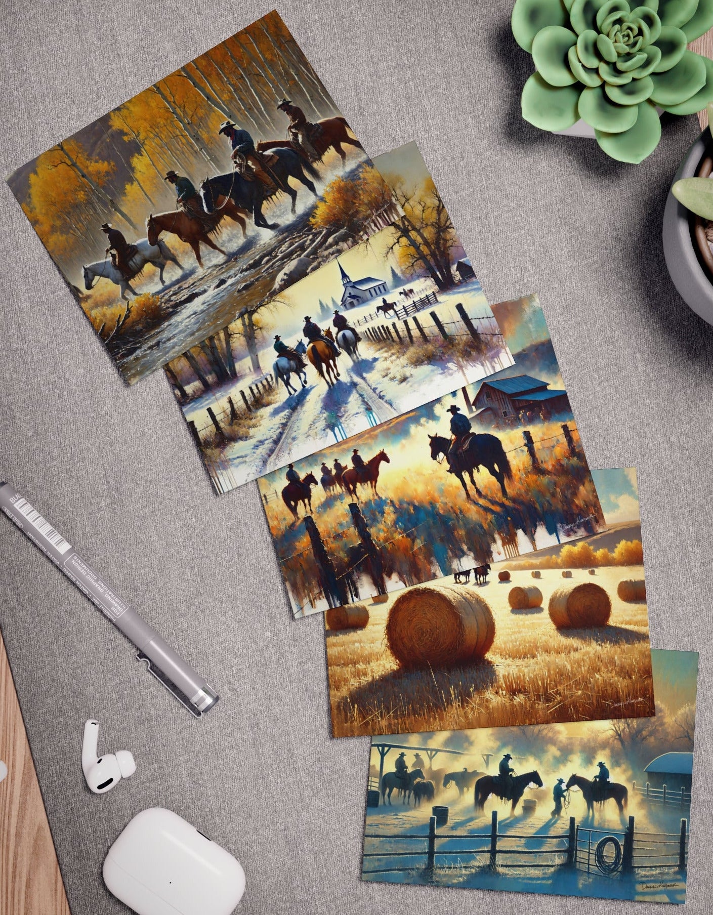 Set of postcards with artistic designs on a desk with a plant and office items.