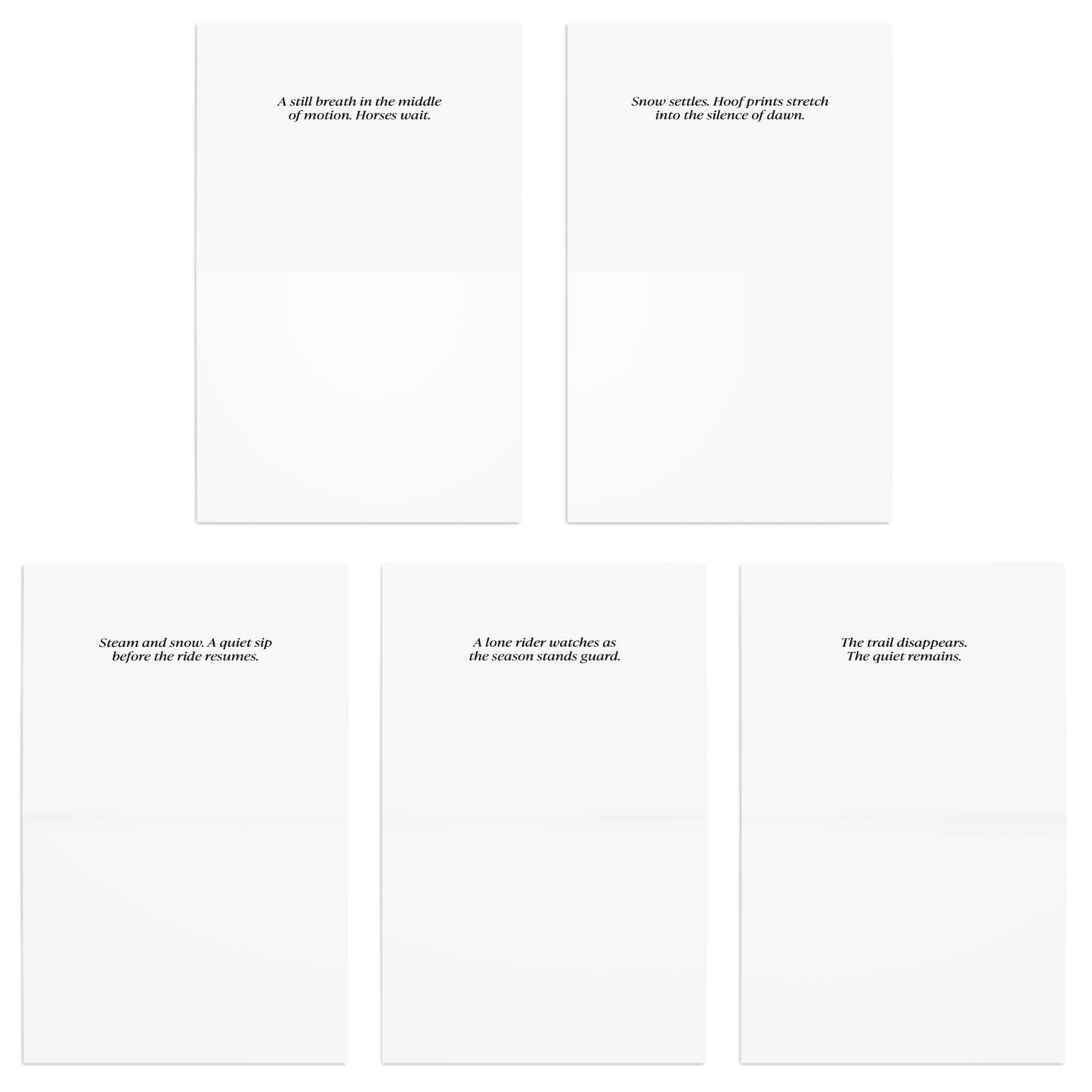 Set of five white cards with black text on a white background