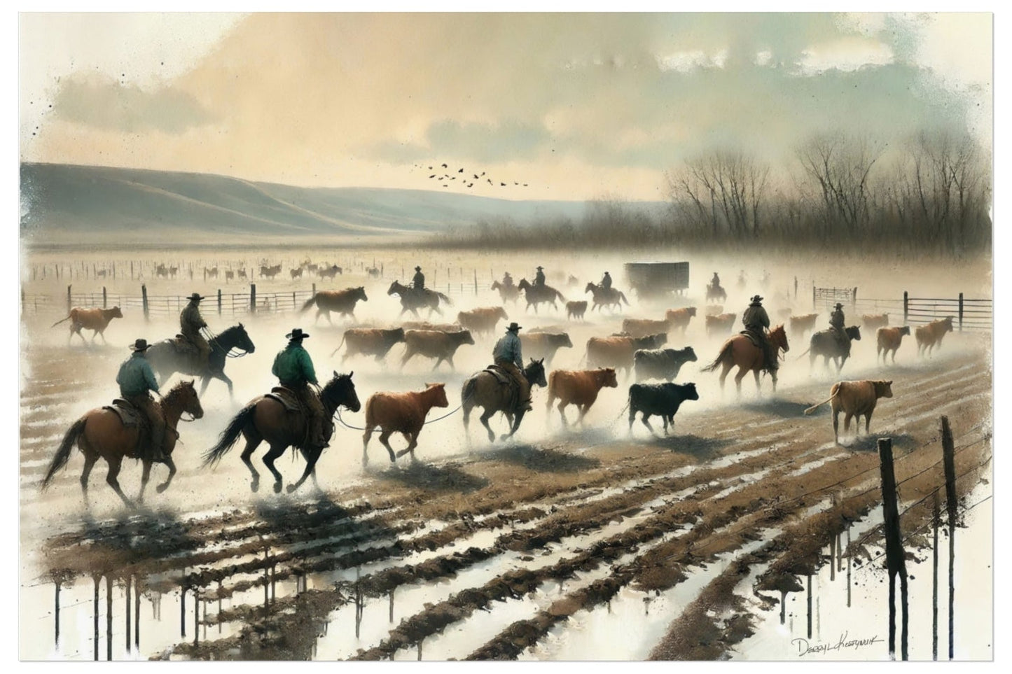 Painting of cowboys on horseback herding cattle through a snowy landscape.