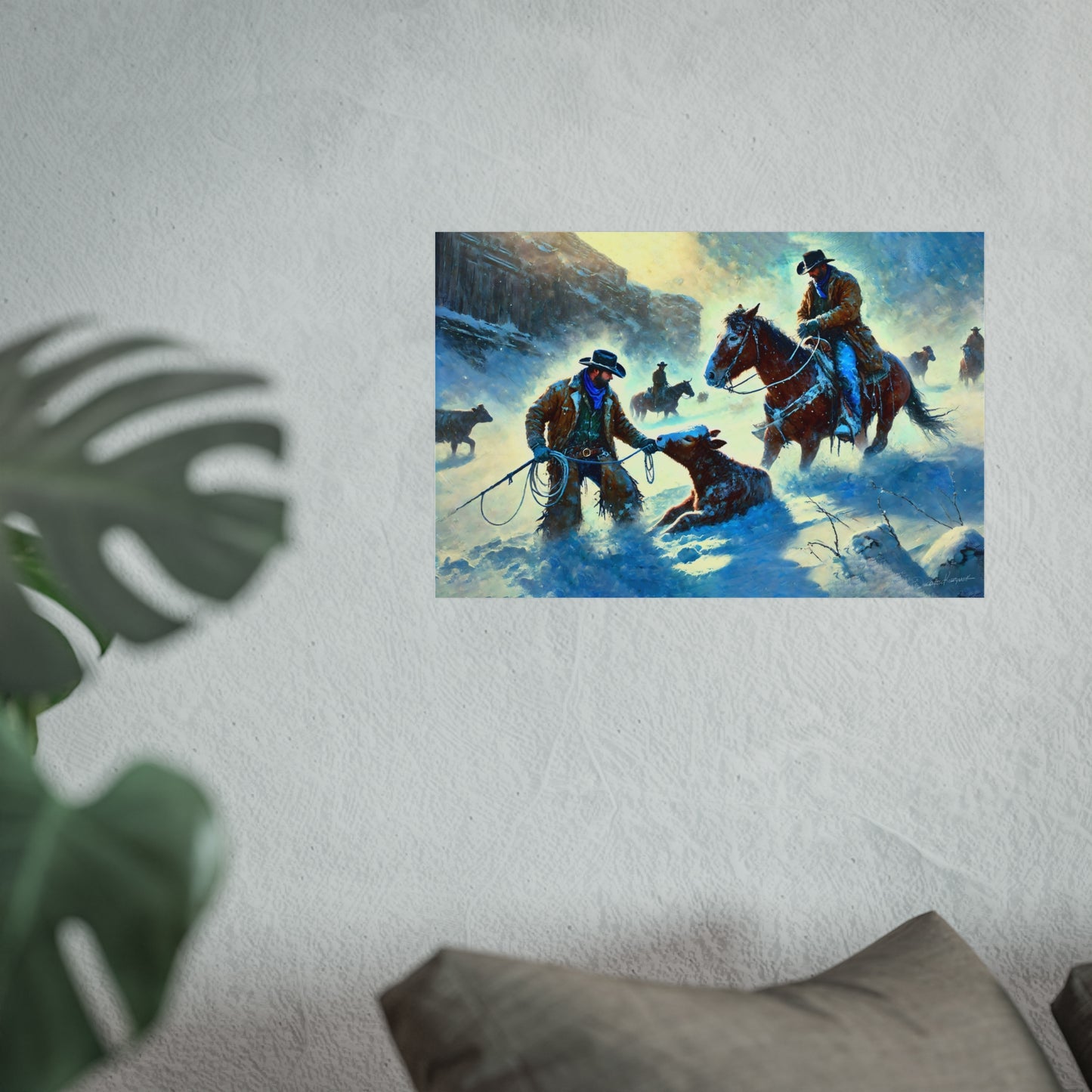 Painting of cowboys in a snowy landscape on a wall.