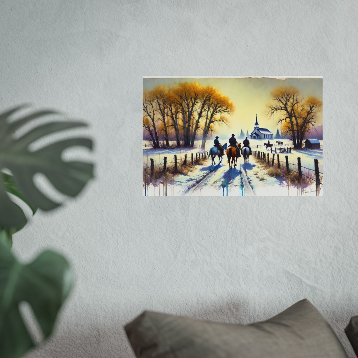 Painting of cowboys on horseback in a snowy landscape with trees and a church.