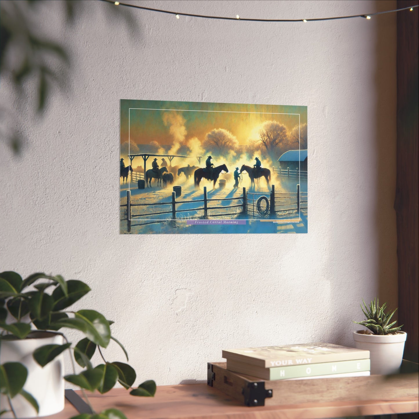 Poster of a sunset scene with cowboys on horses hanging on a wall above a desk.