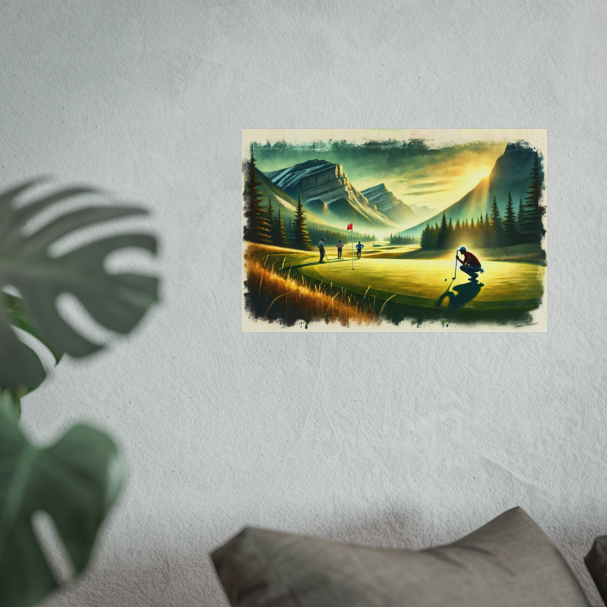 Fine art print of a golf scene with mountains and trees on a wall.