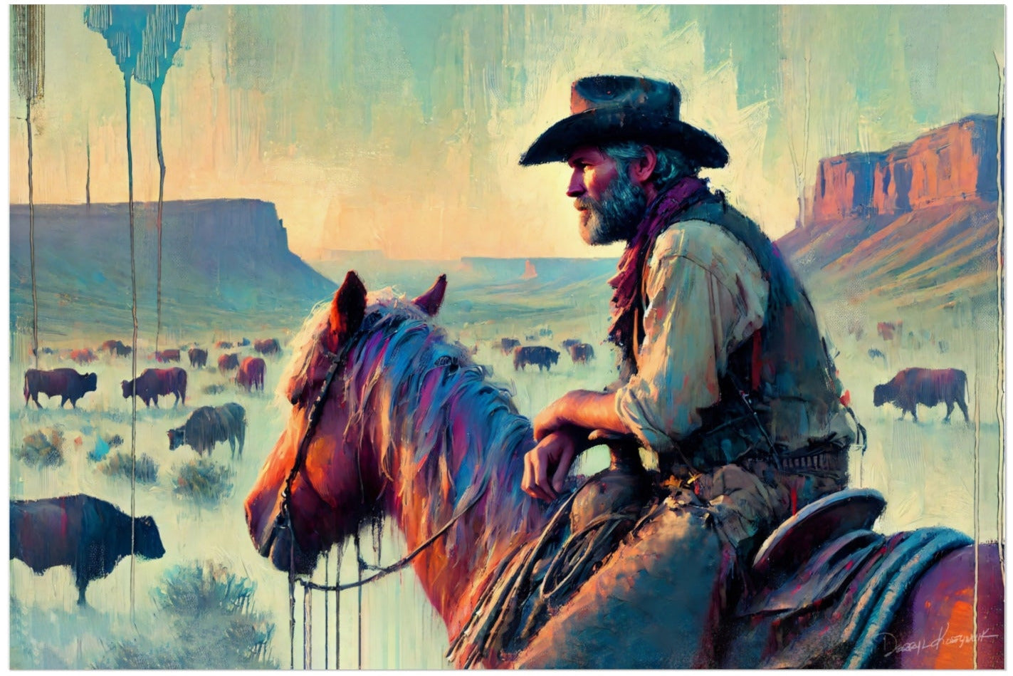 Cowboy on a horse with a desert landscape and animals in the background
