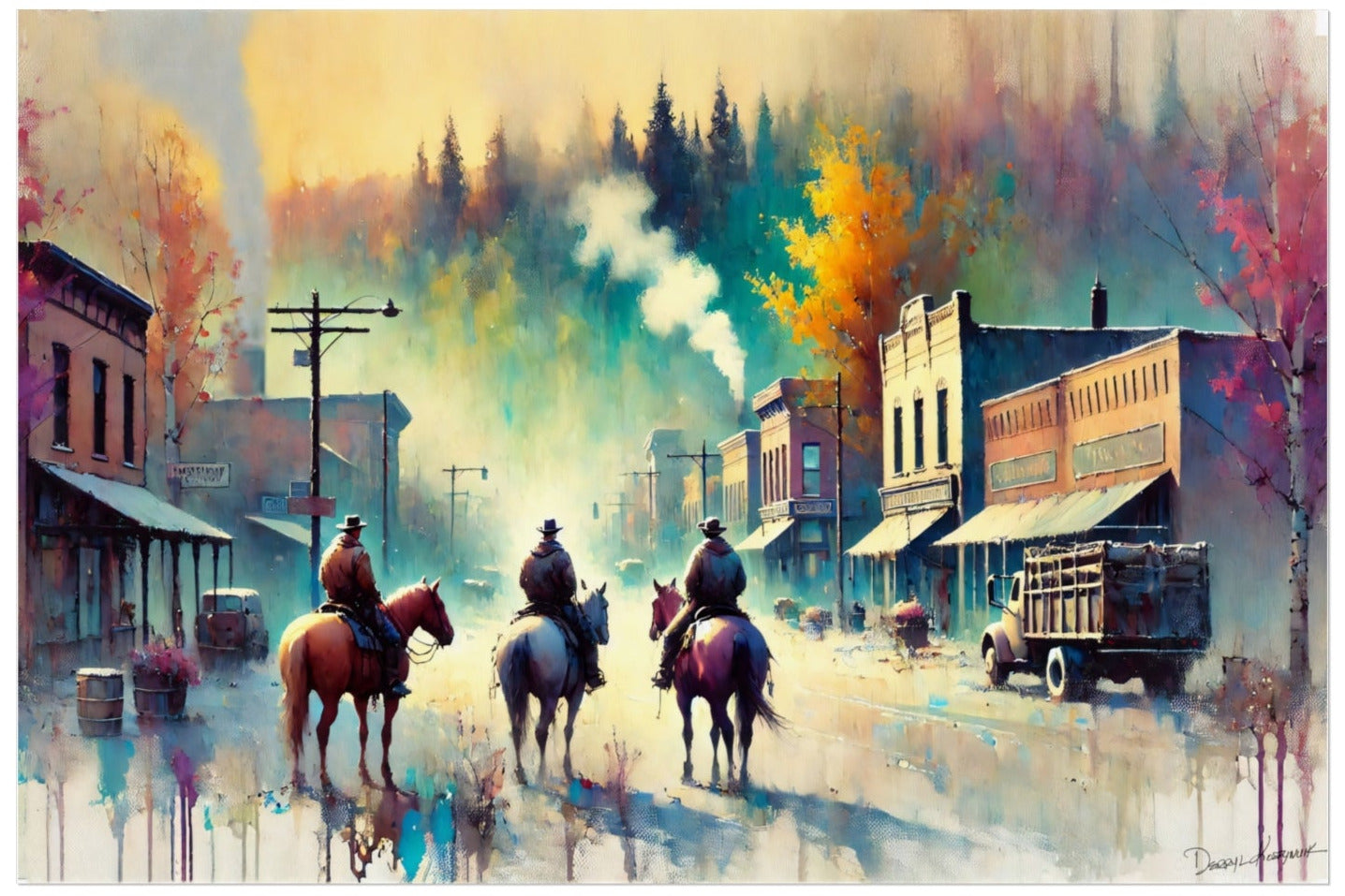 Painting of three cowboys on horseback in a town with a truck and buildings.