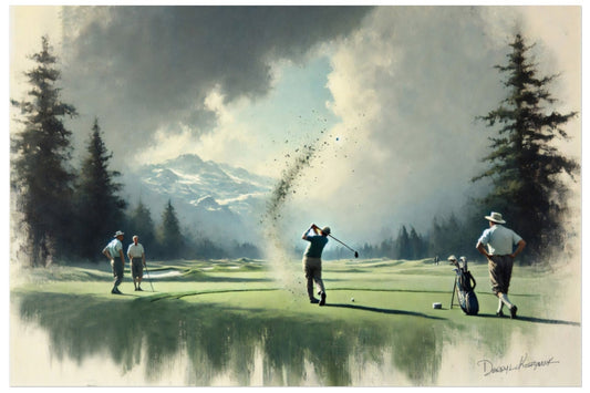 Golf scene with players on a course with trees and mountains in the background