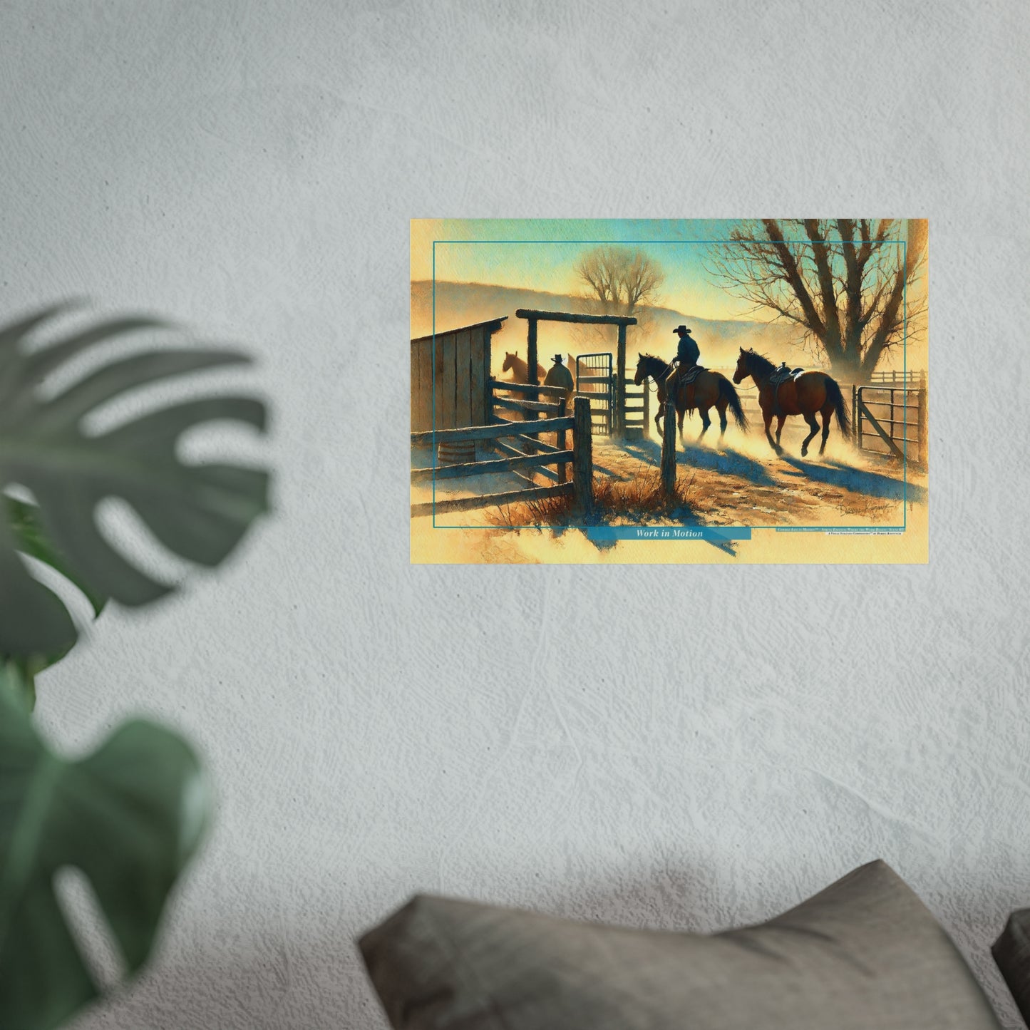 Art print of a cowboy on horseback near a wooden gate with horses, on a textured wall.