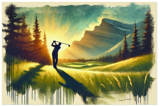 Golf player on a golf course with mountains and trees in the background