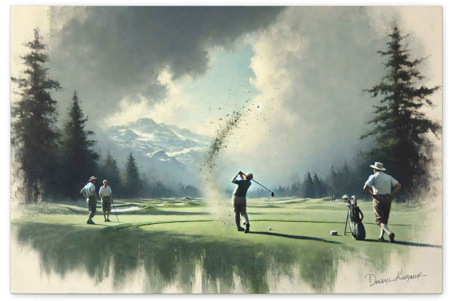 Golfers on a course with trees and mountains in the background