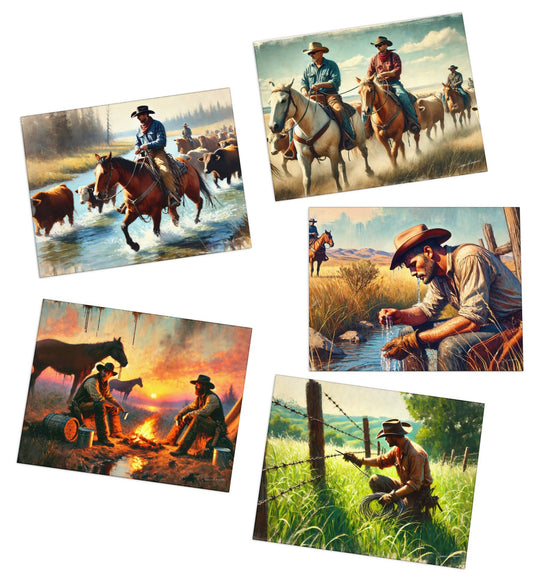 Set of five cowboy-themed paintings depicting various activities such as riding horses, herding cattle, and sitting by a campfire.