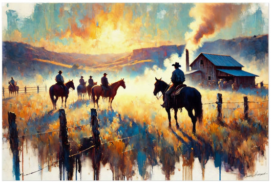 Painting of cowboys on horseback with a barn and sunset in the background