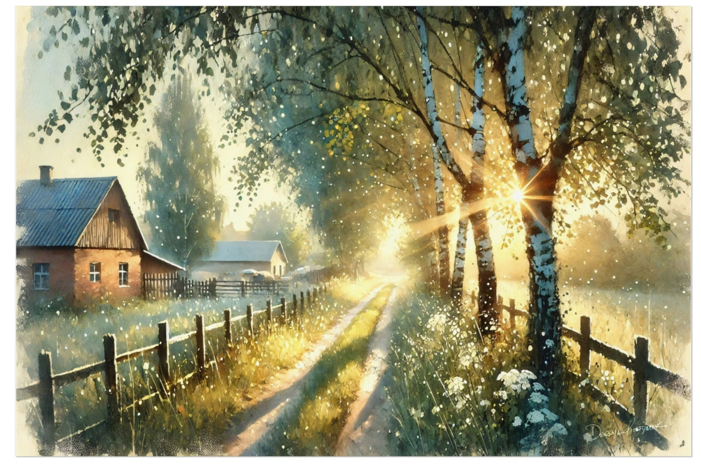 Painting of a serene countryside scene with a house, trees, and a path.