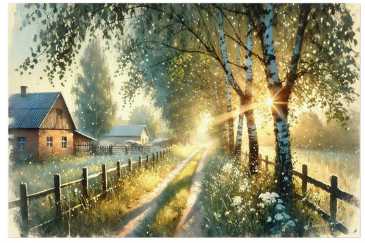 Painting of a serene countryside scene with a house, trees, and a path.