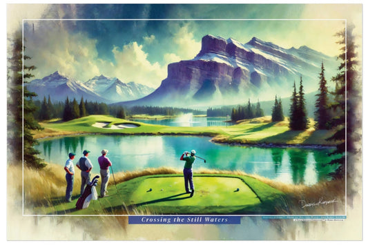 Golf scene with players on a golf course surrounded by mountains and water.