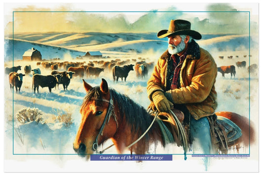 Painting of a cowboy on horseback with cattle in a snowy landscape