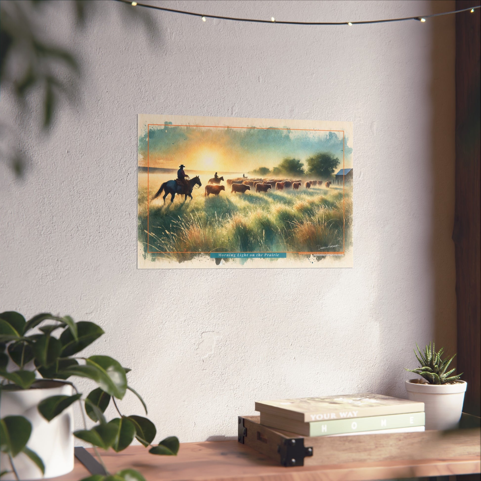 Poster of cowboys on horses with a sunset over a field, placed on a wall above a desk with plants.
