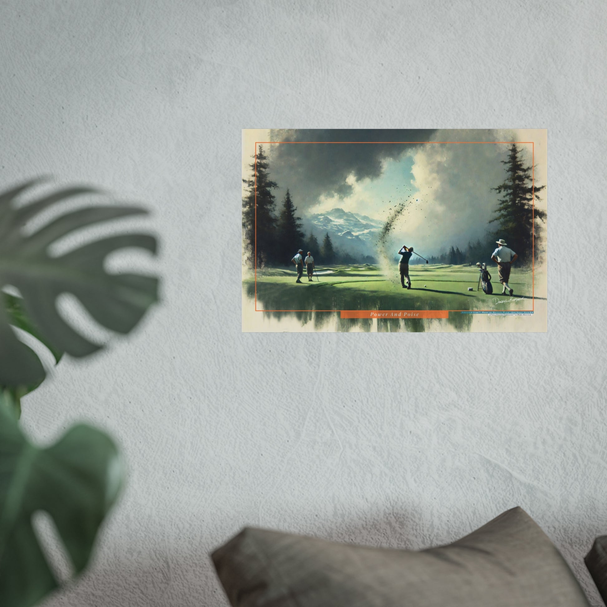 Poster of a golf scene on a wall with a plant and pillow in the foreground