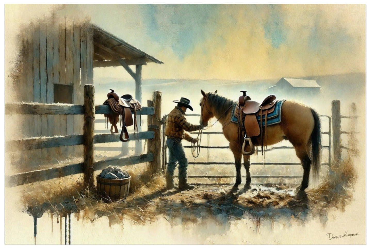 Painting of a cowboy with a horse near a wooden structure.
