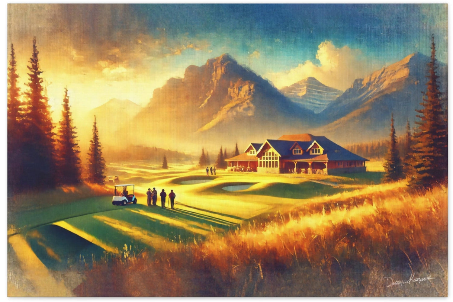 Golf course with clubhouse and mountains in the background