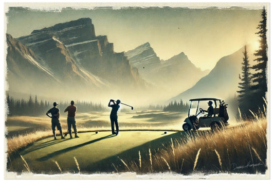 Golfers on a course with mountains in the background