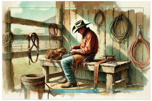 Cowboy sitting on a bench with lasso and boots in a rustic setting