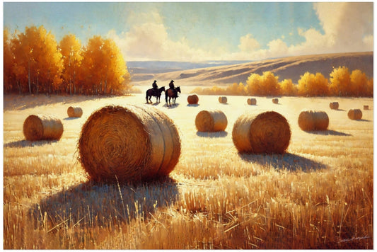 Hay bales in a field with cowboys, horses and trees under a blue sky.