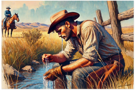Painting of a cowboy by a water hole with another cowboy on horseback in the background.