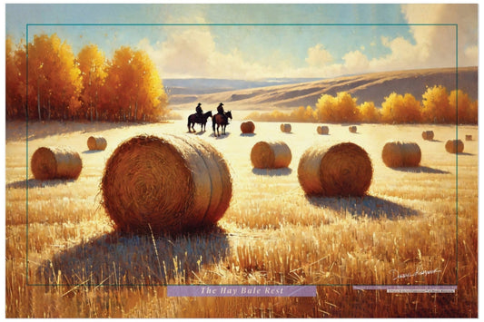 Scenic landscape with hay bales, cowboys and horses in a field, with a scenic view in the background.