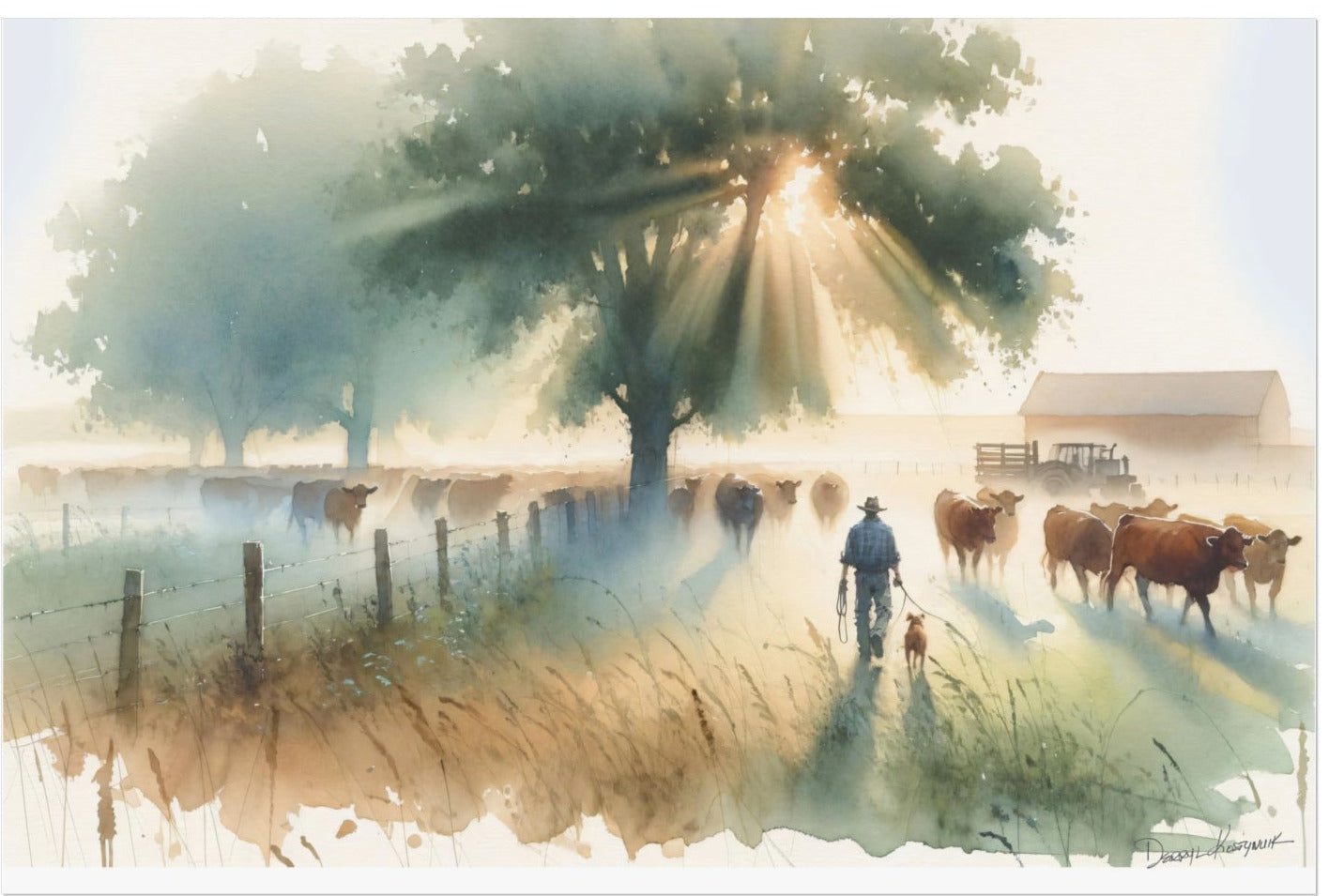 Artistic depiction of a farmer walking with a dog in a field with cattle, under a large tree with sunlight filtering through.