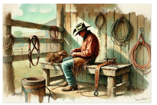 Painting of a cowboy sitting on a wooden bench in a rustic setting with ropes and a barrel.