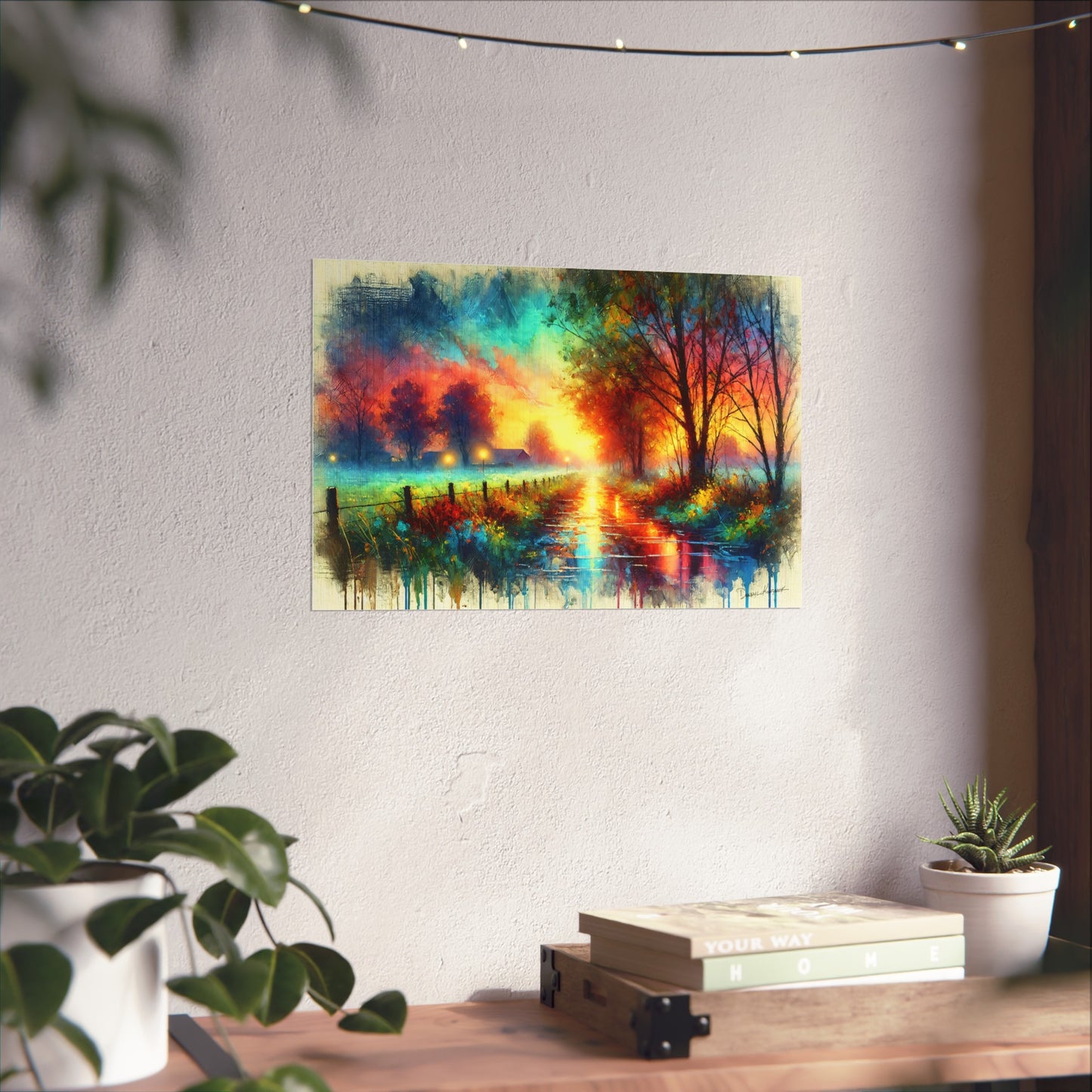 Colorful abstract landscape painting on a wall above a wooden table with plants and books.