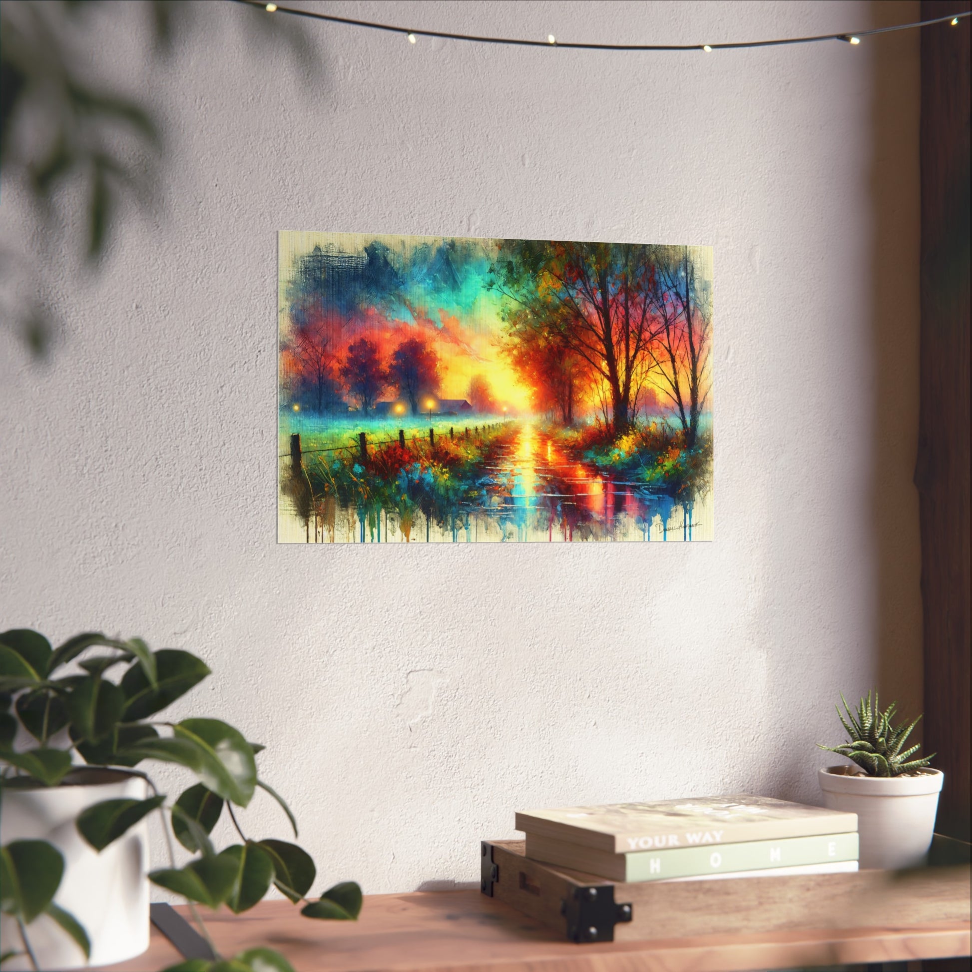 Colorful abstract landscape painting on a wall above a wooden table with plants and books.